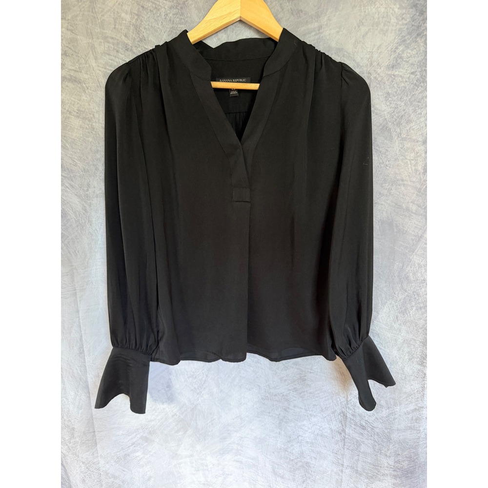 Banana Republic‎ Black Split Neck Long Sleeve Blouse XS Polished Minimalism